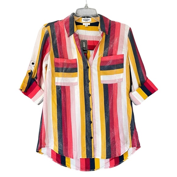 EXPRESS Portofino Striped Shimmer Button Up Blouse Vneck Collar Size Medium NWT - Picture 1 of 12